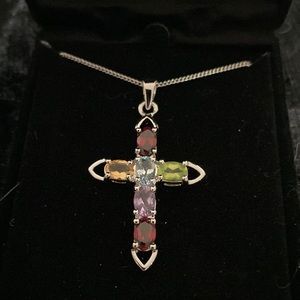 Silver and gemstone cross necklace